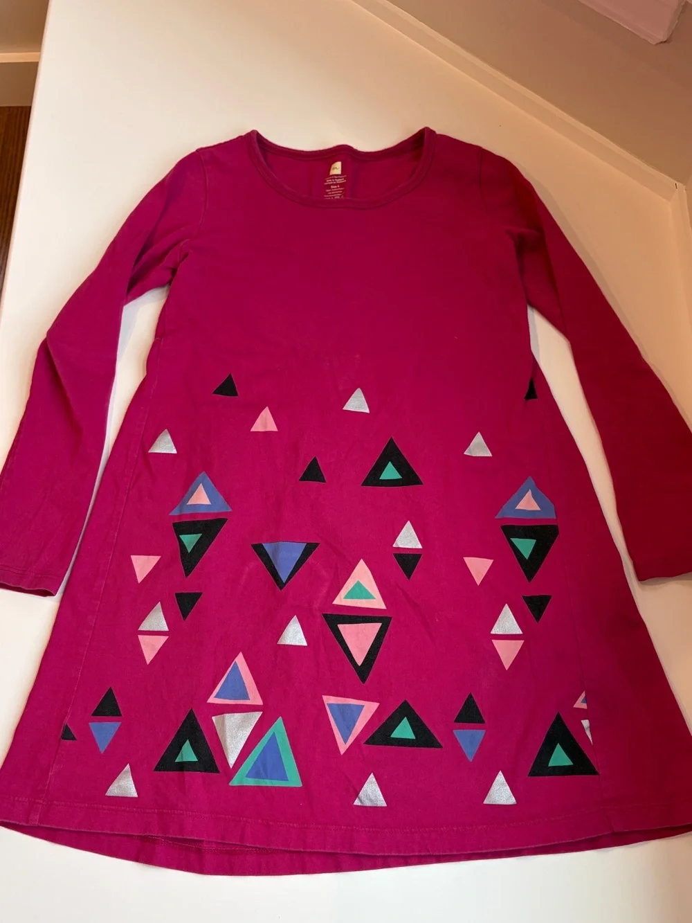 Tea Collection Girls Long Sleeved Dress 100% Cotton Bright Pink Magenta Size 8